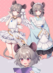  alternate_costume animal_ears apron bare_shoulders blue_kimono blush closed_mouth collarbone commentary commission dress embarrassed grey_hair hand_up holding holding_magazine japanese_clothes kimono looking_at_viewer magazine_(object) maid medium_hair mouse_ears mouse_girl mouse_tail nazrin off-shoulder_dress off_shoulder own_hands_together parted_lips pom_pom_(clothes) reading red_eyes skeb_commission smile speech_bubble tail thought_bubble tomobe_kinuko touhou variations wa_maid white_apron white_dress white_wings wings 