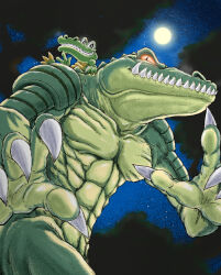  2boys abs alligator black_eyes collarbone colored_skin commentary crocodilian duel_monster fingernails forest from_below full_moon furry furry_male green_skin grin koyukiyasu krokodilus looking_at_viewer moon multiple_boys muscular muscular_male nature night no_humans nostrils orange_eyes reptile_boy scales sharp_fingernails sharp_teeth slit_pupils smile spines teeth toon_alligator tree waving yu-gi-oh! 