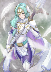  1girl absurdres armor blue_pantyhose blurry blurry_foreground breastplate breasts closed_mouth commentary_request cowboy_shot falling_feathers feathers fire_emblem fire_emblem:_path_of_radiance fire_emblem:_radiant_dawn gloves green_eyes green_hair hair_ornament highres holding holding_polearm holding_weapon kousetu0506 long_hair looking_at_viewer low-tied_long_hair medium_breasts outdoors pantyhose pauldrons polearm shoulder_armor sigrun_(fire_emblem) smile solo spear thick_thighs thighs upper_body weapon white_feathers white_gloves wide_hips 