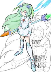  1girl alternate_costume andreasnatsudae bare_shoulders full_body green_hair highres holding holding_staff long_hair mega_man_(series) mega_man_zx model_w_(mega_man) pandora_(mega_man) red_eyes shirt solo_focus staff white_shirt zoom_layer 