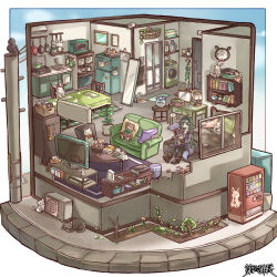  1girl animal bed bird black_boots black_pantyhose blue_eyes book bookshelf boots bottle candy cat chigu clock commentary_request commission couch crow cup dairoku_ryouhei fish fishbowl floorplan flower food full-length_mirror garden gears goggles goggles_on_head green_hair jacket lamp long_hair microwave mirror musical_note pantyhose picture_frame pillow plant portable_stove potted_plant purple_jacket purple_shorts refrigerator shirt shorts sitting smile speech_bubble stuffed_animal stuffed_toy table teacup teddy_bear television thought_bubble tissue_box umbrella utility_pole vending_machine washing_machine white_shirt 