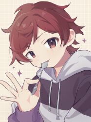 1boy absurdres commentary_request drawstring grid_background hand_up head_tilt highres holding holding_spoon hood hood_down hoodie idolmaster idolmaster_million_live! idolmaster_million_live!_theater_days long_sleeves looking_at_viewer male_focus miso_0328 nonohara_akane's_brother red_eyes red_hair short_hair solo spoon upper_body utensil_in_mouth 