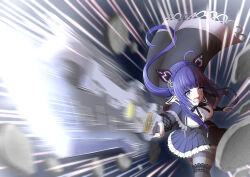  1girl absurdres ahoge animal_ears assault_lily black_background black_bridal_gauntlets black_cape black_capelet black_pantyhose black_ribbon black_skirt black_thighhighs blue_eyes blunt_bangs braid breasts bridal_gauntlets buttons cape capelet cat_ears commentary_request cowboy_shot crescent crescent_hair_ornament crown_braid debris fake_animal_ears floating_cape floating_hair gradient_background hair_ornament hands_up heterochromia highres holding holding_sword holding_weapon incoming_attack leaning_forward long_hair looking_at_viewer low_ponytail lower_teeth_only medium_breasts miniskirt motion_blur motion_lines neck_ribbon open_mouth outstretched_arm pantyhose pink_eyes pleated_skirt ponytail purple_hair ribbon school_uniform shirt skirt solo speed_lines standing sword teeth tetsukawa_toa thigh-highs thighband_pantyhose thighhighs_over_pantyhose twin_braids underbust v-shaped_eyebrows very_long_hair weapon white_shirt yadoo yurigaoka_girls_academy_school_uniform 