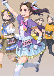  5girls :d :o arm_up black_hair black_pantyhose brown_background brown_hair child clenched_hand commentary_request fingerless_gloves gloves hair_ornament hairclip highres idol_clothes meitantei_precure! multiple_girls original otsu_natsu pantyhose parallel_hairclips ponytail precure purple_shirt running school_uniform serafuku shirt short_twintails skirt smile thigh-highs track_and_field twintails white_gloves white_thighhighs yellow_shirt 