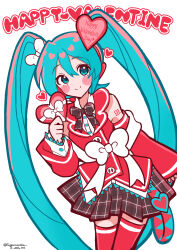  1girl aqua_eyes arm_tattoo bare_shoulders black_bow black_skirt blush blush_stickers bow closed_mouth commentary_request detached_sleeves english_text eyelashes hair_between_eyes hair_bow hair_ornament happy_valentine hatsune_miku headset heart heart_hair_ornament highres holding jacket long_hair number_tattoo plaid_bow plaid_clothes plaid_shirt red_jacket red_thighhighs shirt simple_background skirt smile solo split_mouth sugarmonaka tattoo thigh-highs twintails twitter_username very_long_hair vocaloid white_background white_bow 