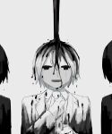  1boy 2others absurdres avogado6 black_eyes commentary empty_eyes false_smile formal hair_between_eyes highres liquid looking_at_viewer multiple_others necktie open_mouth original short_hair suit symbolism transformation upper_body white_background 
