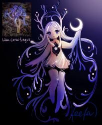  1girl blue_eyes child colored_skin crescent dress english_text feefal full_body fungi funguary gradient_hair highres holding long_hair magical_girl monster_girl multicolored_hair mushroom_girl object_and_personification original personification photo_inset procreate_(medium) purple_hair purple_skin reference_inset signature simple_background solo white_dress white_hair white_skin 