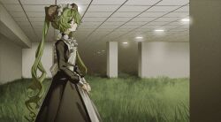  1girl apron black_dress ceiling_light dress film_grain frilled_apron frills from_side goat_horns grass green_eyes green_hair highres horns indoors liminal_space long_hair long_sleeves looking_at_viewer looking_to_the_side maid maid_headdress original own_hands_together sideways_glance solo twintails uzuki_uzu white_apron 