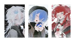  1boy 2girls absurdres apple beret blue_apple blue_eyes blue_hair blunt_bangs blush commission expressionless eyewear_on_head food fruit gloves green_eyes hair_between_eyes halo hat highres holding holding_food holding_fruit holding_knife imminent_bite knife long_sleeves looking_at_viewer looking_to_the_side medium_hair mihuashi_commission multicolored_hair multiple_girls open_mouth original pointy_ears red_gloves red_hair sample_watermark shell sidelocks streaked_hair sunglasses teeth tongue tongue_out two_side_up upper_body watermark white_hair white_halo xue_ding_kuangquan 