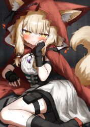  1girl absurdres animal_ear_fluff animal_ears arknights arknights:_endfield black_boots black_gloves blonde_hair blush boots cape closed_mouth commentary delfino dress ears_through_headwear fingerless_gloves gloves highres hood hood_up hooded_cape long_hair looking_at_viewer red_cape rossi_(arknights) smile solo white_dress wolf_ears wolf_girl yellow_eyes 