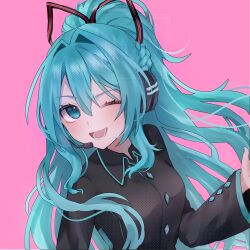  1girl aqua_eyes aqua_hair aqua_skirt black_jacket black_ribbon blush braid commentary double-parted_bangs flipped_hair h_raj_(pixiv_93311327) hair_between_eyes hair_ribbon half_up_braid hatsune_miku hatsune_miku_(if) headphones headset highres jacket long_hair long_sleeves looking_at_viewer miniskirt one_eye_closed pink_background plaid_clothes ponytail ribbon shirt simple_background skirt smile solo striped_ribbon upper_body very_long_hair vocaloid watermark 