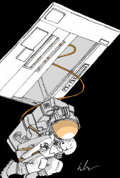  1girl 1other absurdres astronaut barefoot black_background carrying carrying_person commentary elevator greyscale highres kaduise monochrome original princess_carry short_hair signature space spacesuit spot_color 