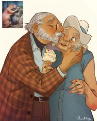  1girl balding beard belt blonde_hair connie_kang creature_and_personification dress facial_hair food glasses hat hetero holding holding_food holding_ice_cream holding_ice_cream_cone humanization ice_cream ice_cream_cone kiss mature_male mustache nail_polish old old_couple old_man old_woman original personification photo-referenced reference_inset soft_serve surprise_kiss surprised unmoving_pattern wrinkled_skin 