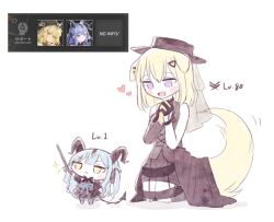  2girls :< animal_ears arknights asymmetrical_gloves bang_dream! bang_dream!_it's_mygo!!!!! bare_shoulders black_dress black_gloves black_hat blonde_hair blue_hair closed_mouth commentary demon_girl demon_horns demon_tail dog_ears dog_girl dog_tail dress frown game_screenshot_inset gameplay_mechanics gloves hair_ornament hairclip half_gloves hat heart highres holding horns into_loji looking_at_another mismatched_gloves misumi_uika misumi_uika_(caged_singer) multiple_girls own_hands_clasped own_hands_together parallel_hairclips screenshot_inset simple_background sleeveless sleeveless_dress tail togawa_sakiko togawa_sakiko_(master_of_melodia) triangle_hair_ornament two_side_up uneven_gloves untranslatable_commentary v-shaped_eyebrows white_background yellow_gloves 