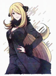  1girl blonde_hair breasts coat cowboy_shot cynthia_(pokemon) fur_collar fur_trim grey_eyes hair_ornament hair_over_one_eye hands_on_own_hips highres large_breasts long_hair long_sleeves looking_at_viewer parted_bangs parted_lips pokemon pokemon_dppt satsuki_(chaosmode) simple_background smile solo swept_bangs upper_body very_long_hair watermark 