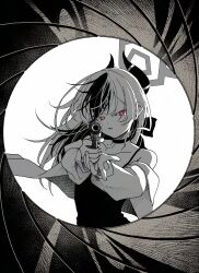  1girl absurdres backlighting bare_shoulders black_choker black_dress black_hair blue_archive bright_pupils choker commentary_request demon_girl demon_horns dress fighting_stance floating_hair greyscale gun gun_barrel_sequence h&amp;k_p30 halo handgun highres holding holding_gun holding_weapon horns james_bond_(series) kayoko_(blue_archive) kayoko_(dress)_(blue_archive) long_hair looking_at_viewer matsumoto_yutaka monochrome multicolored_hair official_alternate_costume official_alternate_hairstyle parody parted_lips pointing pointing_at_viewer red_eyes serious simple_background sleeveless sleeveless_dress solo two-tone_hair upper_body v-shaped_eyebrows weapon white_background white_hair white_pupils 