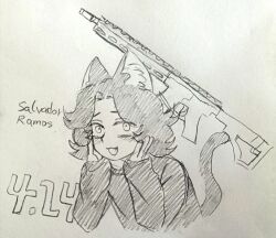  1boy :3 :d animal_ear_fluff animal_ears animification artist_request assault_rifle blush cat_boy cat_ears cat_tail character_name cropped_torso curtained_hair dated eyes_visible_through_hair fang flipped_hair graphite_(medium) gun hands_on_own_cheeks hands_on_own_face hands_up hatching_(texture) kemonomimi_mode long_sleeves looking_at_viewer male_focus open_mouth puffy_long_sleeves puffy_sleeves raised_inner_eyebrows real_life rifle salvador_ramos short_hair simple_background sleeves_past_wrists smile solo source_request sweater tail third-party_source traditional_media true_crime weapon 