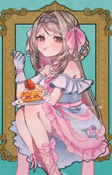  1girl :t ankle_lace-up bare_shoulders blonde_hair blue_background blush border bow braid braided_hair_rings cake colored_inner_hair commentary_request criss-cross_halter dress dress_bow dress_flower eating feet_out_of_frame flower food food_on_face fork frilled_dress frills from_side glove_bow gloves hair_intakes hair_ornament hair_ribbon hair_rings hairclip halterneck heart-shaped_gem highres hituzi_o0 holding holding_cake holding_food holding_fork inset_border knees_up leg_bow legs_together long_hair looking_at_viewer makaino_ririmu multicolored_hair nijisanji off-shoulder_dress off_shoulder official_alternate_costume official_alternate_hairstyle ornate_border pink_bow pink_dress pink_hair pink_ribbon pink_streaks plate pointy_ears red_eyes ribbon side_part side_up_ring sidelocks sitting solo star_(symbol) star_hair_ornament strawberry_shortcake streaked_hair swept_bangs tiara twitter_username two-tone_dress two-tone_hair two_side_up virtual_youtuber white_dress white_gloves 