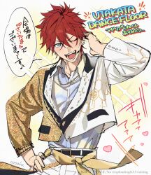  1boy ;d amagi_rinne artist_name belt belt_buckle black_belt blue_eyes blush buckle buttons chain chain_necklace collared_shirt cropped_jacket crossed_bangs earpiece earrings ensemble_stars! gold_jacket gold_necklace grey_shirt hair_between_eyes hand_on_own_hip hand_up heart jacket jewelry lapels long_sleeves looking_at_viewer lunapont male_focus microphone multicolored_jacket necklace one_eye_closed open_mouth pants red_hair shirt shirt_tucked_in short_hair smile solo sparkle speech_bubble sweat teeth translation_request v-shaped_eyebrows watermark white_background white_jacket white_pants wing_collar 
