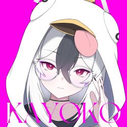  1girl adjusting_eyewear bespectacled black_choker black_hair blue_archive character_name choker collarbone commentary cosplay glasses hair_between_eyes halo head_tilt highres kayoko_(blue_archive) lenslans looking_at_viewer medium_hair parted_lips peroro_(blue_archive) peroro_(blue_archive)_(cosplay) portrait purple_background red_eyes simple_background solo upper_body white_hair 