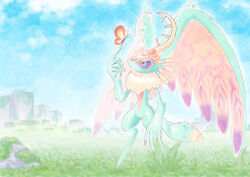  antennae antlers blue_eyes bug butterfly butterfly_on_hand butterfly_wings commission fecto_elfilis full_body furry grass highres horns insect_wings kirby_(series) kirby_and_the_forgotten_land looking_up morpho_knight_(butterfly) multicolored_eyes outdoors shibulio standing tail two-tone_eyes violet_eyes wing_ears wings 
