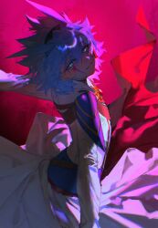  1boy alien_888 antenna_hair arched_back belt_pouch blue_hair coat cowboy_shot dappled_sunlight facial_mark facing_to_the_side green_eyes grin hair_between_eyes hair_over_one_eye head_tilt headphones high_contrast highres leaning_back long_sleeves looking_back looking_to_the_side male_focus outstretched_arms pink_background pouch shoulder_pads sleeves_past_wrists smile spiky_hair sunlight turning_head upper_body white_coat wind yu-gi-oh! yu-gi-oh!_go_rush!! yudias_velgear 