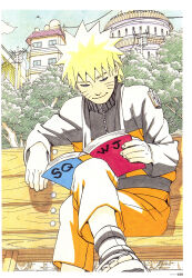  1boy absurdres black_boots black_jacket blonde_hair blue_eyes book boots crossed_legs day highres holding holding_book jacket kishimoto_masashi multicolored_jacket naruto_(series) naruto_shippuuden official_art open-toe_boots open_book orange_jacket orange_pants outdoors pants power_lines reading short_hair sitting solo third-party_source tree two-tone_jacket uzumaki_naruto 
