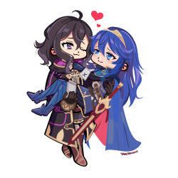  :3 ahoge black_hair blue_eyes blue_hair blush brand_of_the_exalt cape carrying chibi circlet commentary commission english_commentary falchion_(fire_emblem) female_morgan_(fire_emblem) fire_emblem fire_emblem_awakening heart highres hooded_robe long_hair lucina_(fire_emblem) one_eye_closed princess_carry robe short_hair signature smile tiara two-tone_cape violet_eyes yancadoodles yuri 