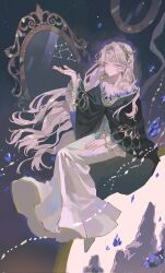  1girl bare_shoulders beryl_bouanich black_cloak blue_eyes cloak constellation crescent crescent_earrings crystal_earrings dragonfly_hair_ornament dress earrings floating_earrings full_body grey_background grey_hair gsga193413 hand_up hashtag-only_commentary highres invisible_chair jewelry long_dress long_hair looking_at_viewer mirror mismatched_earrings off_shoulder reverse:1999 sitting solo white_dress 