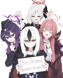 4girls a-dwolf absurdres aru_(blue_archive) black_choker black_hair black_hat black_hoodie black_horns black_jacket blue_archive brown_coat choker closed_eyes closed_mouth coat collar collarbone collared_shirt commentary_request demon_horns facing_viewer flying_sweatdrops frilled_collar frills fur-trimmed_coat fur_trim furrowed_brow garrison_cap hair_between_eyes hair_ornament hairclip halo hand_on_another's_shoulder haruka_(blue_archive) hat highres holding holding_sign hood hoodie horns jacket kayoko_(blue_archive) long_hair long_sleeves looking_at_viewer milestone_celebration mole mole_on_neck multiple_girls mutsuki_(blue_archive) neck_ribbon open_mouth pink_eyes pointy_ears problem_solver_68_(blue_archive) purple_hair red_eyes red_ribbon ribbon shirt side_ponytail sidelocks sign simple_background standing translation_request upper_body violet_eyes white_background white_hair white_shirt 