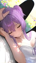  1boy 1girl camisole closed_eyes closed_mouth goddess_of_victory:_nikke hand_on_another's_head highres lace-trimmed_camisole lace_trim lap_pillow liberalio_(nikke) light_blush outdoors pov pov_hands purple_hair short_hair_with_long_locks sidelocks sleeping sleeping_on_person uzzy2801 white_camisole 