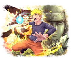  1boy black_boots blonde_hair blue_eyes boots facial_mark grey_shirt konohagakure_symbol looking_at_viewer naruto_(series) naruto_shippuuden:_ultimate_ninja_blazing official_art open-toe_boots open_mouth orange_pants pants rasengan shirt short_hair solo statue teeth uzumaki_naruto whisker_markings 