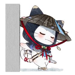  against_wall animal animal_focus anklet artist_request belt belt_buckle black_belt black_cloak black_hat blue_scarf buckle cat cloak closed_eyes clothed_animal ear_covers ears_through_headwear gold_anklet gold_buckle hand_on_hilt hat hood hood_up hooded_cloak infinity_nikki jade_(gemstone) jewelry light_blush momo_(nikki) mouth_hold neck_ribbon nikki_(series) no_humans official_art painterly petals red_ribbon ribbon scarf shadow sheath sheathed solo stalk_in_mouth sticker_(medium) sword tail tail_ornament tail_raised tail_ring transparent_background weapon whiskers white_cat 