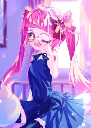  1girl absurdres animal_hat black_dress black_ribbon black_thighhighs blurry blurry_background bow cat_hat commentary_request curtains dress earrings hair_bow hand_up hat heart heart_earrings highres indie_virtual_youtuber indoors jewelry kuronohanpen lace-trimmed_thighhighs lace_trim long_hair neck_ribbon one_eye_closed open_mouth peanut_mouth pink_hair pleated_dress red_bow ribbon rubbing_eyes sasasaki_kiki sharp_teeth short_eyebrows sitting sleeveless sleeveless_dress solo star-shaped_pupils star_(symbol) symbol-shaped_pupils teeth thigh-highs twintails unworn_headwear virtual_youtuber white_hat window yellow_eyes 