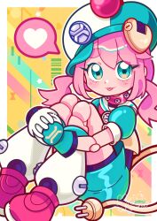  1girl :p absurdres android animal_collar animal_ears aqua_dress aqua_eyes aqua_hat artist_name asui_inui_(vtuber) baseball_cap bike_shorts black_shorts blush_stickers bolt_(hardware) border borrowed_character closed_mouth collar colored_speech_bubble commentary dog_ears dog_girl dress electric_plug electric_plug_tail extra_ears full_body gloves hair_between_eyes hat heart highres hugging_own_legs indie_virtual_youtuber joints leg_warmers legs_together looking_at_viewer marikyuunn medium_hair neckerchief outline pink_hair puffy_short_sleeves puffy_sleeves red_collar red_neckerchief red_shoes robot_girl robot_joints sailor_collar shoes short_dress short_sleeves short_twintails shorts sitting smile solo speech_bubble spoken_heart studded_collar swept_bangs tail thick_eyebrows tilted_headwear tongue tongue_out twintails untranslatable_commentary virtual_youtuber white_gloves white_leg_warmers white_outline yellow_background 