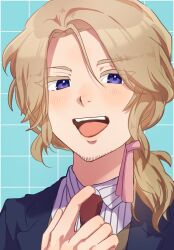  1boy axis_powers_hetalia blonde_hair blue_background blush commentary_request facial_hair france_(hetalia) goatee_stubble grid_background hair_ribbon itogutc1 low_ponytail male_focus medium_hair necktie open_mouth ponytail portrait ribbon shirt smile solo stubble violet_eyes 