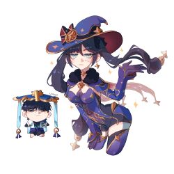  1boy 1girl absurdres aqua_eyes arms_at_sides artist_name asymmetrical_bangs bags_under_eyes bent_over black_bodysuit black_bow black_choker black_eyes black_hair black_ribbon black_shorts blue_capelet blue_gem blue_hat blue_kimono blue_leotard blue_sleeves blunt_bangs blunt_ends bodystocking bodysuit bow breasts brooch cape capelet choker choppy_bangs closed_mouth commentary crescent crescent_hat_ornament detached_sleeves earrings elbow_gloves english_commentary feathers fur_capelet gem genshin_impact gloves gold gold_earrings gold_trim hair_between_eyes hair_bow half-closed_eyes hand_on_own_thigh hat hat_ornament hat_ribbon highres japanese_clothes jewelry jingasa juban kimono leotard long_hair looking_at_viewer medium_breasts mini_person miniboy mona_(genshin_impact) mona_(pact_of_stars_and_moon)_(genshin_impact) nyanea open_clothes open_kimono ponytail_holder purple_gloves purple_sash purple_thighhighs red_cape red_hat ribbon sash scaramouche_(genshin_impact) shorts skindentation star_(symbol) star_brooch star_choker star_earrings star_hat_ornament star_print swept_bangs thigh-highs tsurime twintails two-sided_fabric two-sided_headwear vision_(genshin_impact) wanderer_(genshin_impact) white_background white_kimono witch_hat yellow_feathers 