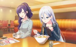  2girls :d :o ^_^ asahina_mafuyu black_shirt blue_cardigan blue_eyes blue_jacket breasts buttons cardigan chopsticks closed_eyes collarbone collared_shirt colorful_palette cropped_torso dot_nose egg_(food) food game_cg glass hair_ornament hair_scrunchie hand_up high_ponytail highres holding holding_chopsticks holding_spoon jacket light_blush looking_at_food majiwaru_senritsu_tomoru_nukumori_(project_sekai) medium_breasts medium_hair menu multiple_girls noodles official_art open_mouth orange_scrunchie ponytail project_sekai purple_hair ramen restaurant ribbed_cardigan scrunchie shirt sitting smile softboiled_egg spoon striped_clothes striped_shirt third-party_source upper_body white_hair yoisaki_kanade 