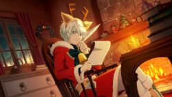  1boy animal_ears antlers artist_request bell book boots brown_boots candle chair chimney christmas curtains drawer fake_animal_ears feathers feet_out_of_frame fire firewood game_cg highres holding holding_feather holding_pen horns indoors mikleo_(tales) night official_alternate_costume official_art on_chair pen reading reindeer_antlers santa_costume short_hair sitting smile solo table tales_of_(series) tales_of_crestoria tales_of_zestiria third-party_source violet_eyes white_hair window 
