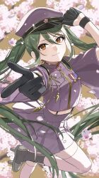  1girl adjusting_clothes adjusting_headwear black_gloves brown_eyes cherry_blossoms closed_mouth commentary_request cropped_shirt falling_petals finger_gun foot_out_of_frame furisode_sleeves gloves green_hair grey_hat grey_shirt grey_skirt hair_between_eyes half_gloves hand_on_headwear hat hatsune_miku highres ila12035 long_hair looking_at_viewer medal military_hat peaked_cap petals pleated_skirt pointing pointing_at_viewer purple_skirt senbonzakura_(vocaloid) shirt sidelocks skirt smile solo standing standing_on_one_leg suspender_skirt suspenders thigh-highs twintails twitter_username very_long_hair white_thighhighs wide_sleeves 
