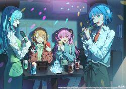  +_+ 5girls :d air_conditioner blue_eyes blue_hair blue_sweater blush bob_cut braid breasts brown_cardigan brown_hair cardigan cellphone closed_eyes collared_shirt commentary_request copyright_notice corded_phone couch cowboy_shot crossed_bangs dress fang feet_out_of_frame green_dress green_shirt green_skirt grey_eyes guest_art hair_between_eyes hair_ornament hair_ribbon hanasato_minori hatsune_miku highres hinomori_shizuku holding holding_microphone holding_phone indoors jewelry karaoke karaoke_box kiritani_haruka korean_commentary long_dress long_hair long_sleeves looking_at_another microphone mole mole_under_mouth momoi_airi more_more_jump!_(project_sekai) more_more_jump!_miku multiple_girls music necklace nun_nu official_art on_couch open_cardigan open_clothes orange_shirt partially_unbuttoned phone phone_on_wall pink_eyes pink_hair project_sekai raised_inner_eyebrows recording ribbon second-party_source see-through_clothes see-through_sleeves shirt short_hair side_braid sidelocks singing sitting skirt small_breasts smartphone smile speaker standing suspender_skirt suspenders sweater teeth two_side_up unbuttoned upper_teeth_only vocaloid white_shirt yellow_ribbon 