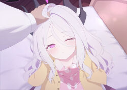  1boy 1girl absurdres ahoge blue_archive breasts commentary_request demon_girl demon_horns demon_wings headpat highres hina_(blue_archive) horns indoors jacket long_hair looking_at_viewer low_wings natsukage_ao pajamas pink_pajamas polka_dot polka_dot_pajamas sensei_(blue_archive) small_breasts very_long_hair violet_eyes white_hair wings yellow_jacket 