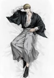  1boy arms_behind_head black_hair black_kimono black_socks blonde_hair colored_tips full_body grey_hakama hakama hakama_pants highres japanese_clothes jujutsu_kaisen kimono looking_at_viewer lying male_focus multicolored_hair on_back on_bed open_clothes pants short_hair socks solo sso_s two-tone_hair unbuttoned zen'in_naoya 