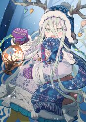  1girl antler_ornament antlers bare_tree beanie bell bird blue_hat blue_scarf commentary_request cropped_legs dress dutch_angle earflap_beanie fate/grand_order fate_(series) green_eyes green_hair hair_between_eyes hat holding_lamp horns jingle_bell long_hair louhi_(fate) louhi_(second_ascension)_(fate) mittens mizuiro123 open_mouth outdoors pantyhose pom_pom_(clothes) pom_pom_beanie purple_mittens scarf sharp_teeth smile snowing solo sweater sweater_dress teeth tree white_sweater yellow_pantyhose 
