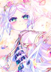  1girl belt belt_buckle black_belt buckle capelet closed_mouth commentary_request dutch_angle earrings eyelashes falling_petals flower frieren green_eyes head_wreath highres jewelry kuronohanpen leaf light_smile long_pointy_ears long_sleeves looking_at_viewer parted_bangs petals pink_flower pointy_ears red_flower shirt short_eyebrows solo sousou_no_frieren striped_clothes striped_shirt teardrop_earrings twintails upper_body white_capelet white_hair white_petals white_shirt yellow_flower 