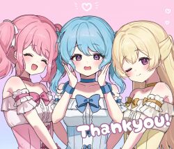  3girls bang_dream! bang_dream!_girls_band_party! blonde_hair blue_bow blue_choker blue_hair blue_wrist_cuffs blush bow breasts choker closed_eyes commentary_request detached_sleeves half_updo hands_up heart highres idol idol_clothes long_hair maruyama_aya matsubara_kanon medium_breasts meu203 multiple_girls one_eye_closed open_mouth pink_background pink_bow pink_choker pink_hair shirasagi_chisato shirt sidelocks simple_background strapless strapless_shirt twintails violet_eyes white_shirt wrist_cuffs yellow_bow 
