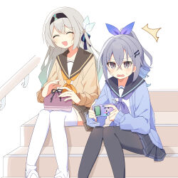  2girls absurdres alternate_costume aqua_hair bento black_hairband black_pantyhose black_sailor_collar black_skirt blush bow brown_skirt commentary_request crossed_bangs drill_hair drill_ponytail facing_viewer feet_out_of_frame firefly_(honkai:_star_rail) gradient_hair green_eyes grey_hair hair_between_eyes hair_bow hair_ornament hairband hairclip handheld_game_console highres holding holding_handheld_game_console honkai:_star_rail honkai_(series) long_hair long_sleeves multicolored_hair multiple_girls neckerchief open_clothes open_mouth orange_neckerchief outdoors pantyhose purple_neckerchief sailor_collar school_uniform serafuku silver_wolf_(honkai:_star_rail) simple_background sitting sitting_on_stairs skirt smile stairs sweat thigh-highs uwasewau white_background white_thighhighs 
