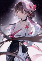  1girl black_dress breasts brown_eyes brown_hair chinese_commentary commentary_request dress earrings elbow_gloves english_commentary gloves haruka_(rsyaooooo) hat highres honkai_(series) honkai_impact_3rd jewelry large_breasts li_sushang li_sushang_(midnight_moon) long_hair mixed-language_commentary multicolored_hair pink_hair prototype_design smile solo two-tone_hair very_long_hair white_gloves 