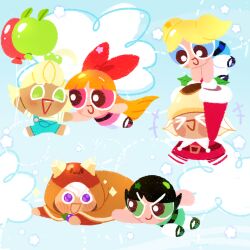  >_< 1boy 4girls apple_balloon balloon black_hair blonde_hair blossom_cookie blue_eyes bow bubbles_cookie buttercup_cookie clouds cookie_run cookie_run:_ovenbreak flying green_eyes hair_bow highres multiple_girls open_mouth orange_hair pancake_cookie powerpuff_girls pudding_cookie short_hair short_twintails twintails violet_eyes yummybunny777 