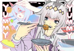  2girls ahoge animal_ears black_background blue_bow blue_bowtie blue_shirt border bow bowtie broccoli brooch chopsticks collarbone commentary determined diamond_hairband dot_nose ear_covers ear_ornament eating english_text expressionless food food_request glutton grey_hair hair_between_eyes hairband headband highres holding holding_chopsticks holding_plate holding_with_chopsticks horse_ears horse_girl horseshoe_ornament jewelry long_hair long_sidelocks long_sleeves looking_ahead muleungdowon_(display6789) multicolored_hair multiple_girls oguri_cap_(umamusume) omelet omurice open_mouth outline outside_border plate puffy_long_sleeves puffy_sleeves red_headband sailor_collar school_uniform shirt sidelocks streaked_hair tamamo_cross_(umamusume) teeth tracen_school_uniform umamusume untranslatable_commentary upper_body very_long_hair white_border white_outline white_sailor_collar winter_uniform yellow_hairband 